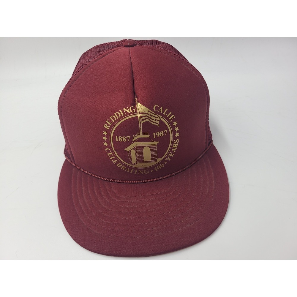 Vintage Redding California 100 Years 1987 Mesh Trucker Snapback Hat Cap Maroon